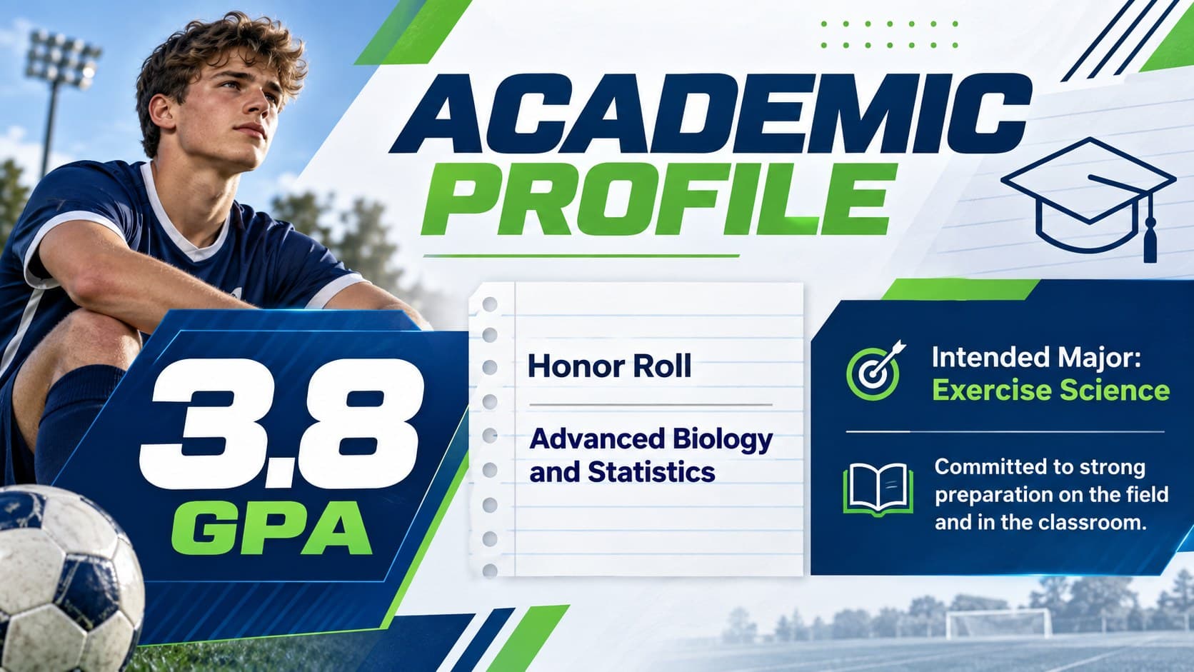 Student-athlete academic profile slide featuring GPA, coursework, honors, and intended college major.
