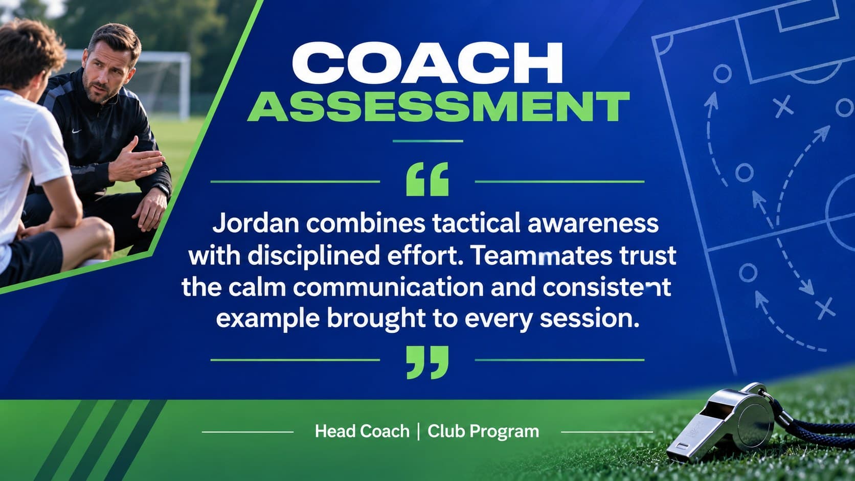 Coach assessment slide with a testimonial about a soccer player's awareness, discipline, and team leadership.