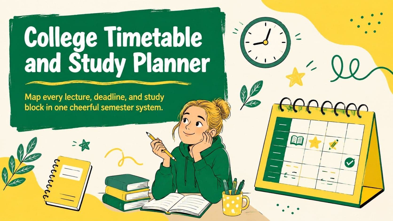 Cheerful cover for a college timetable and study planner in a yellow-and-green illustrated style.