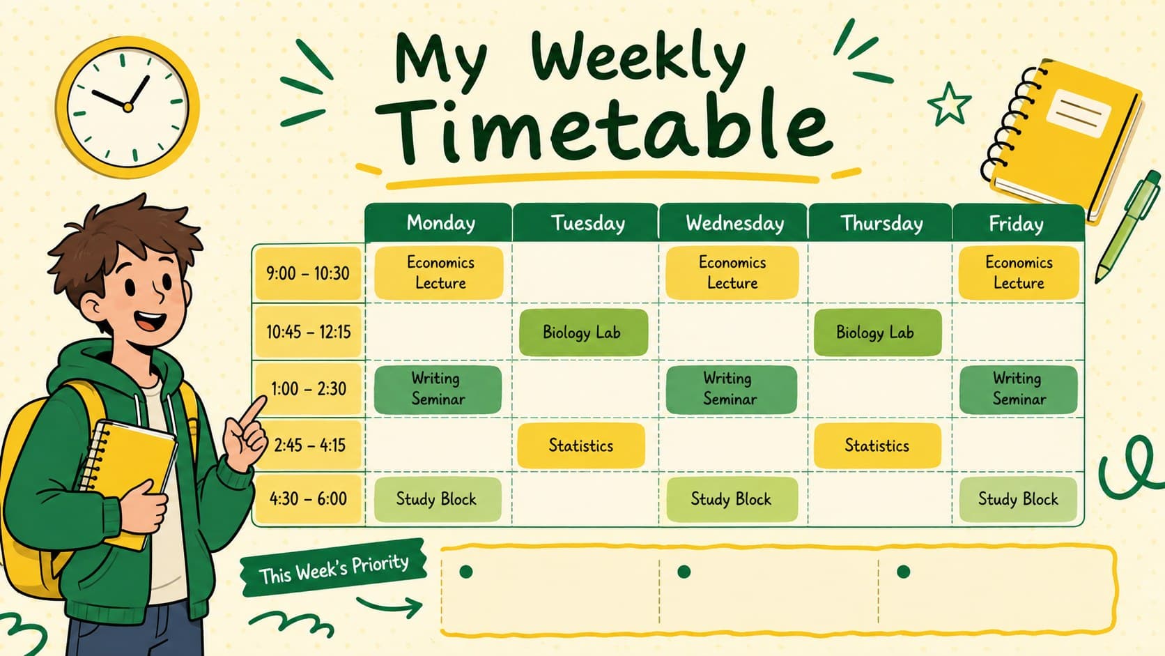 Editable weekly college timetable template with color-coded weekday columns and course blocks.