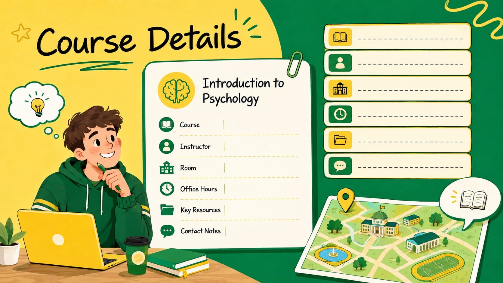 College course details planner with fields for instructors, rooms, office hours, and resources.
