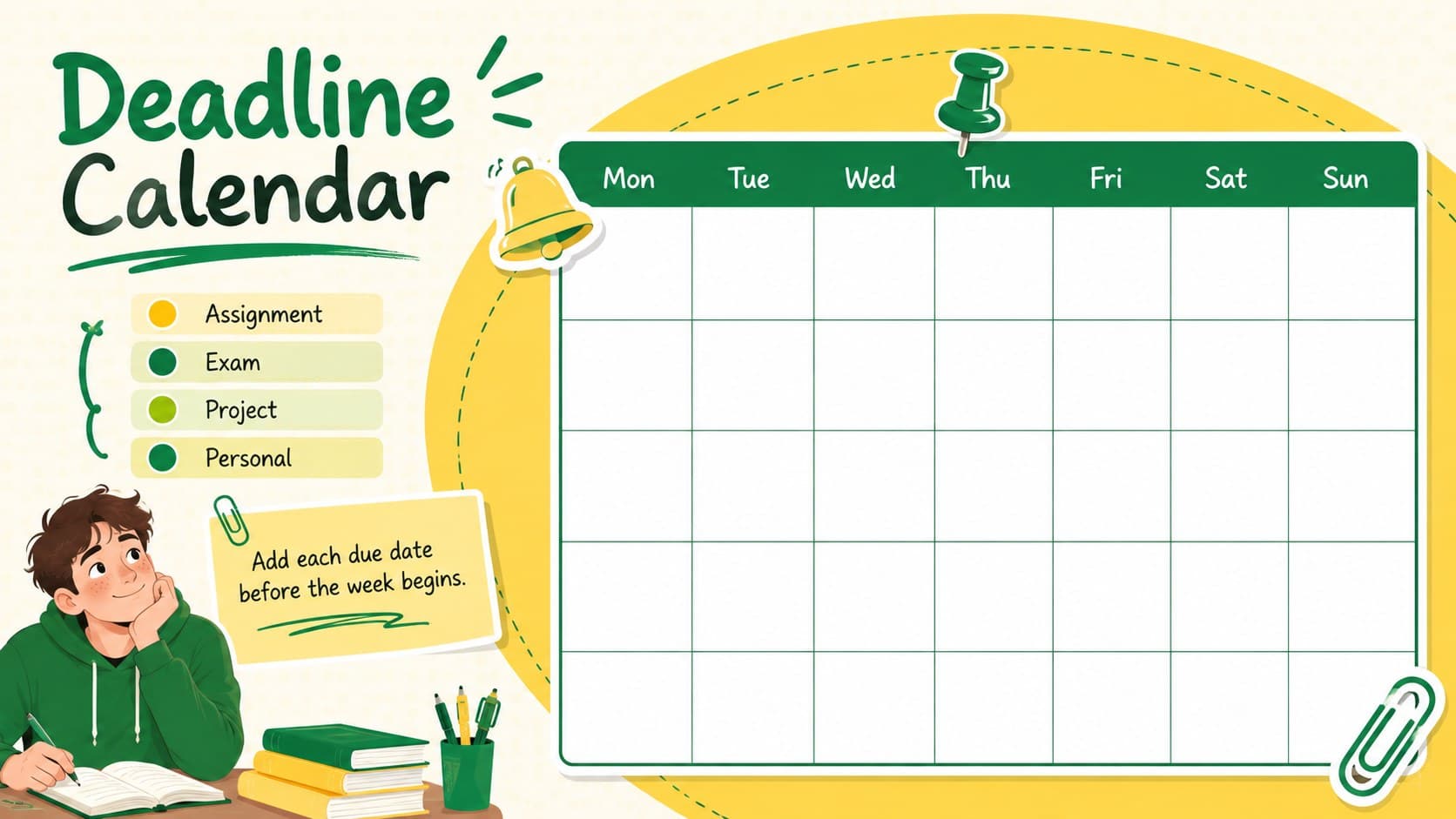 College deadline calendar template with a monthly grid and highlighted academic due dates.