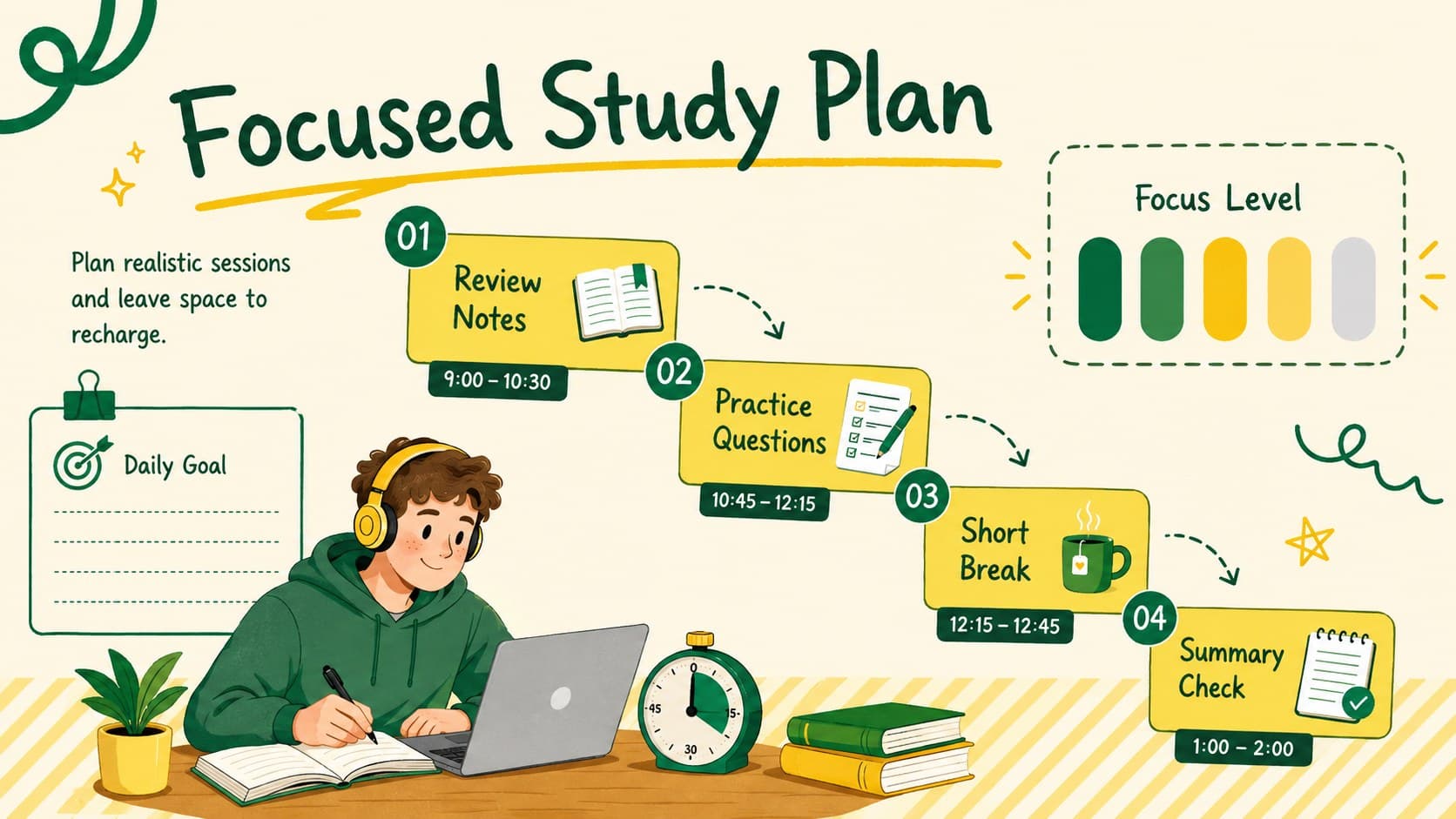 Student study planning presentation slide with focused work blocks, breaks, and daily goals.