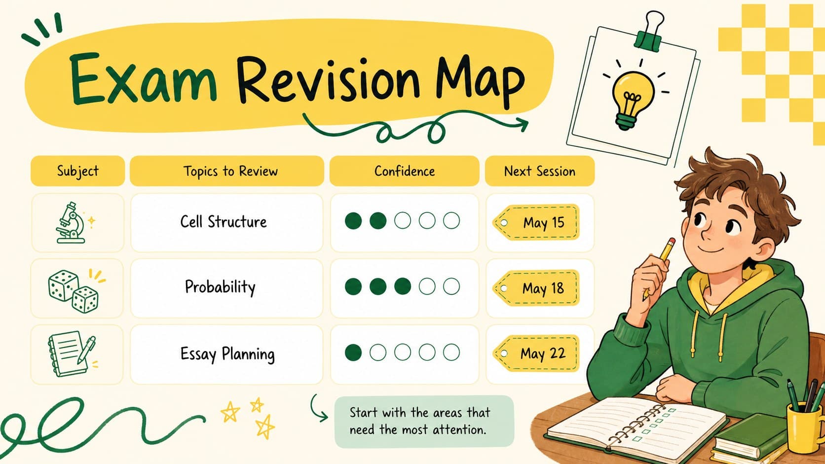 Exam revision planner with subject topics, confidence ratings, and scheduled review sessions.