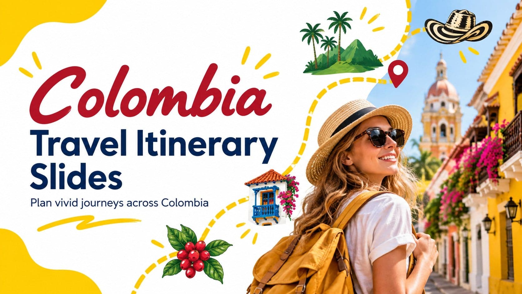 Cover slide for Colombia travel itinerary slides with bright yellow doodles and a clean white travel composition.