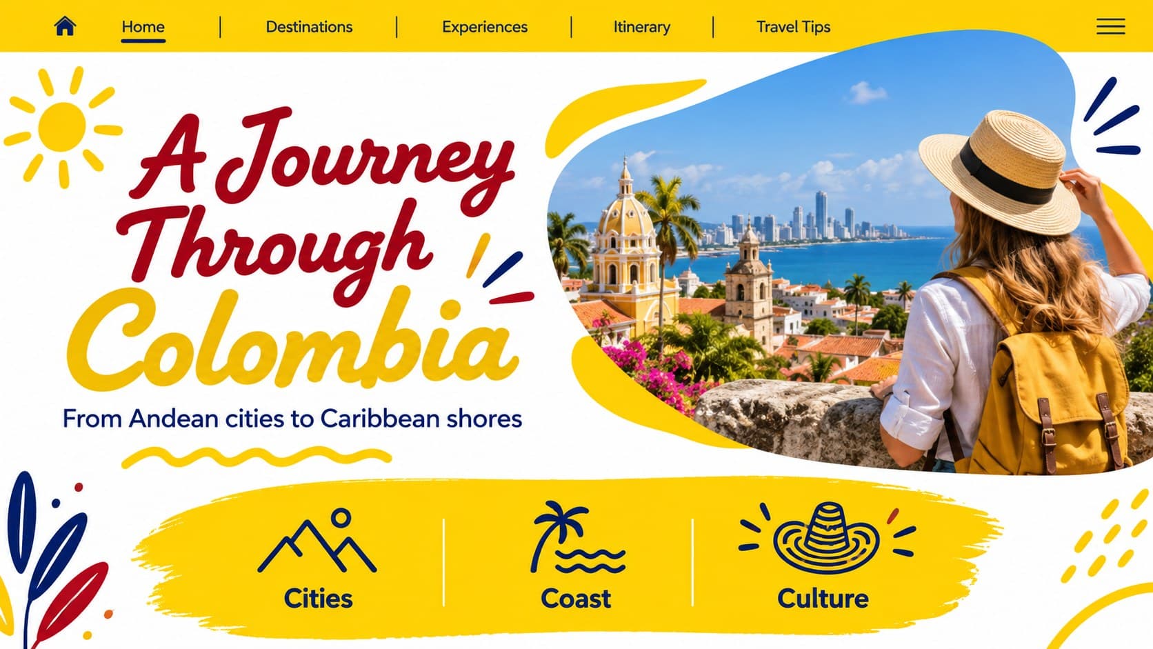 Colombia destination overview slide presenting a colorful route introduction for travel itinerary planning.