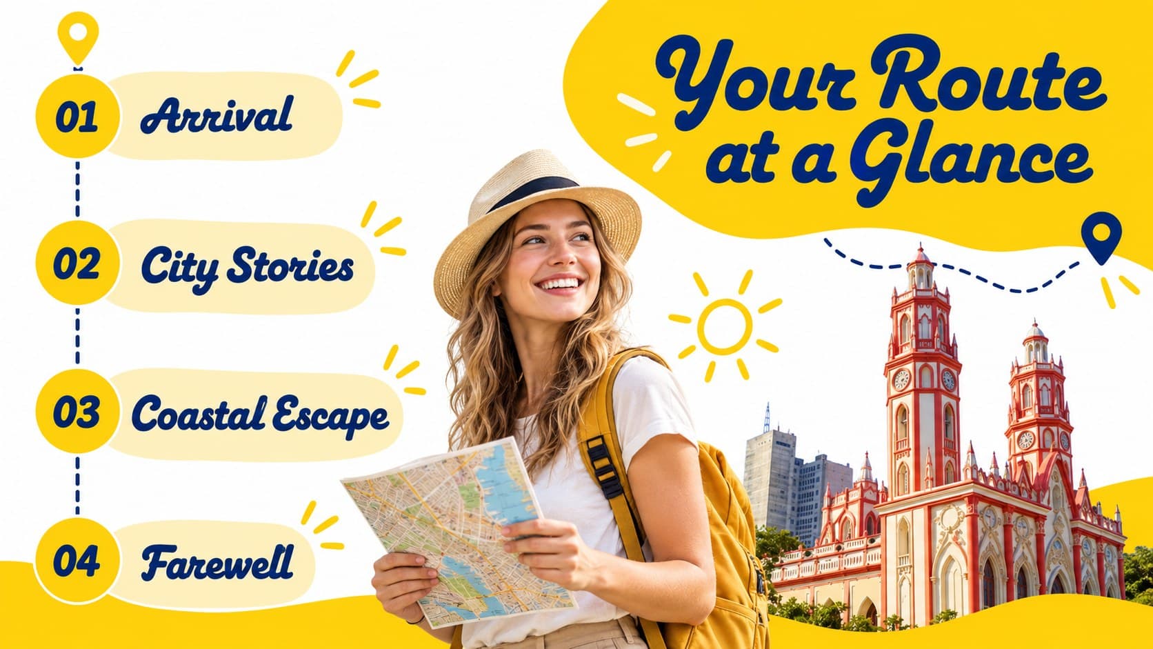 Colombia travel itinerary agenda slide with a yellow route path and organized trip sections.