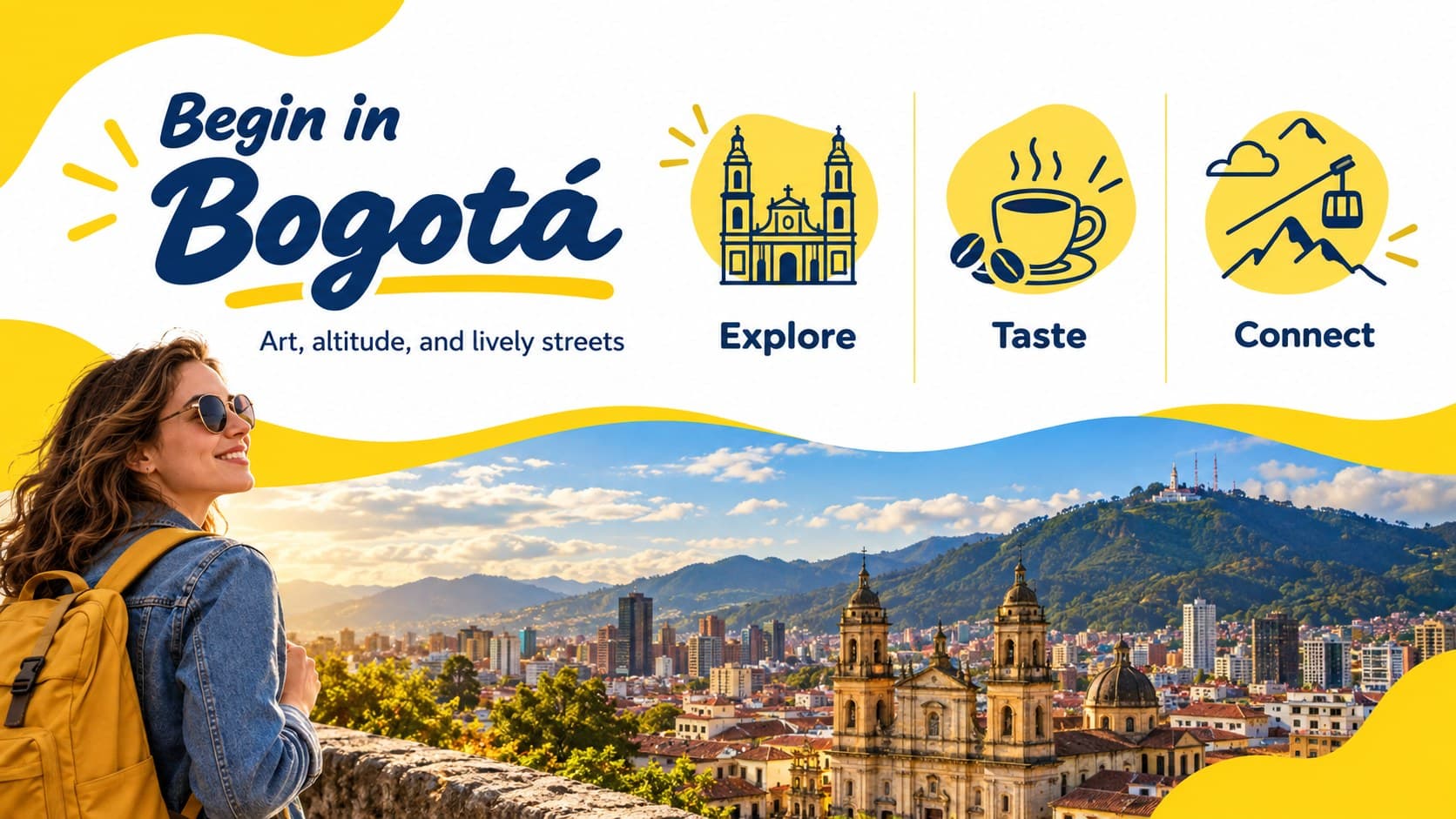 Colombia city guide slide highlighting Bogotá experiences in an upbeat yellow doodle travel layout.