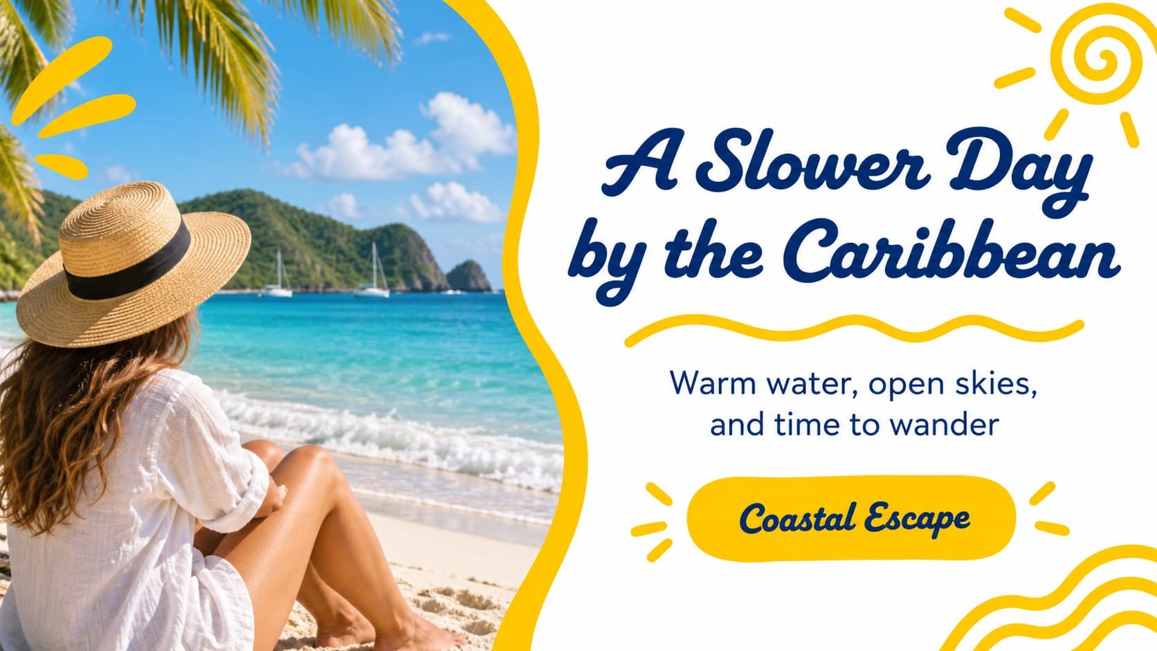 Colombia coastal escape slide showing a relaxed Caribbean itinerary concept with yellow travel accents.