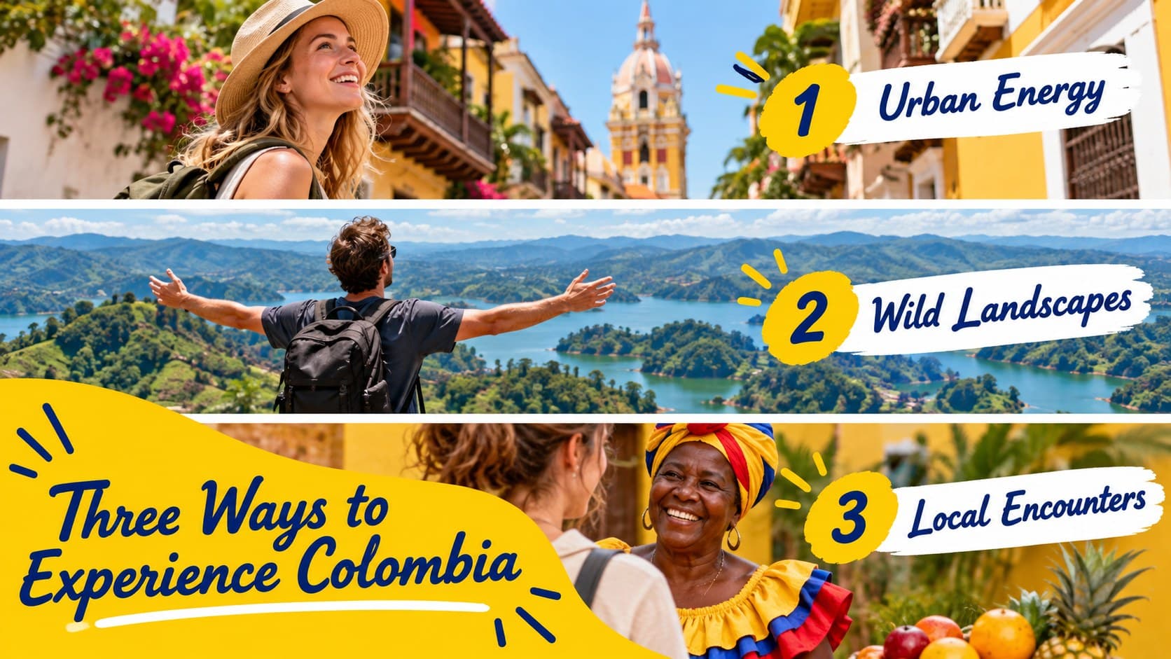 Colombia destination highlights slide comparing nature, cities, and cultural stops for tour planning.