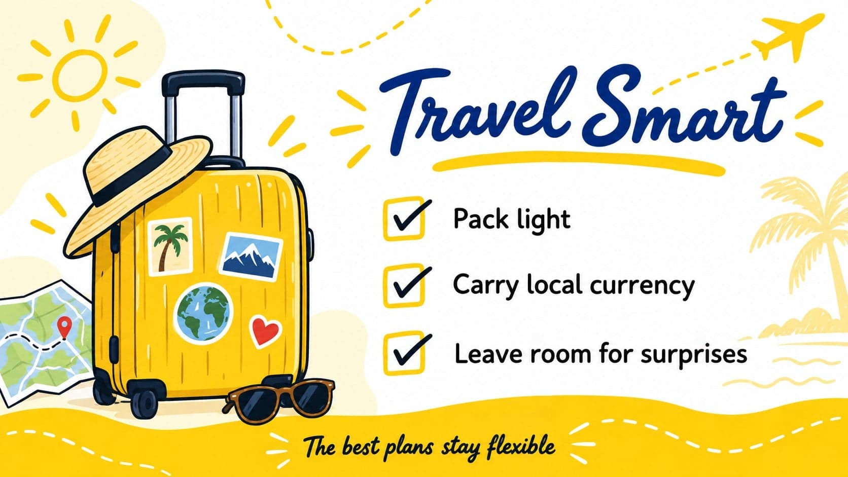 Colombia travel tips slide listing practical preparation advice in a bright yellow doodle presentation style.