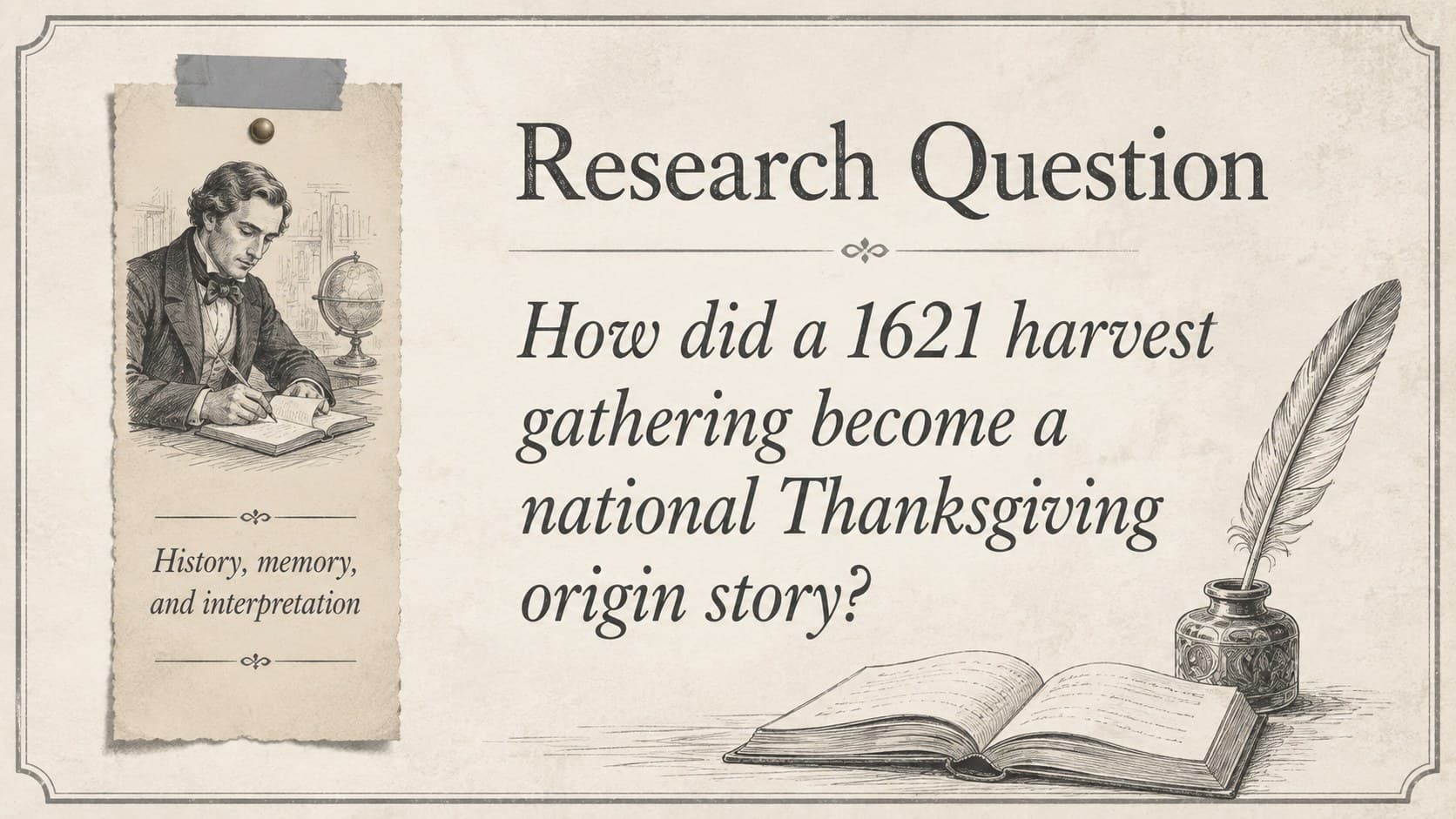 Vintage research question slide introducing a colonial Thanksgiving history presentation.