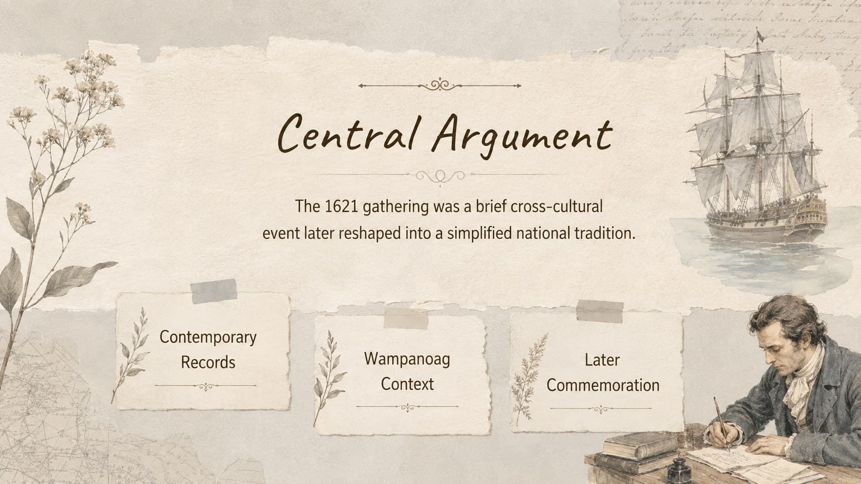 Thesis overview slide summarizing the central argument about Thanksgiving history and cultural memory.