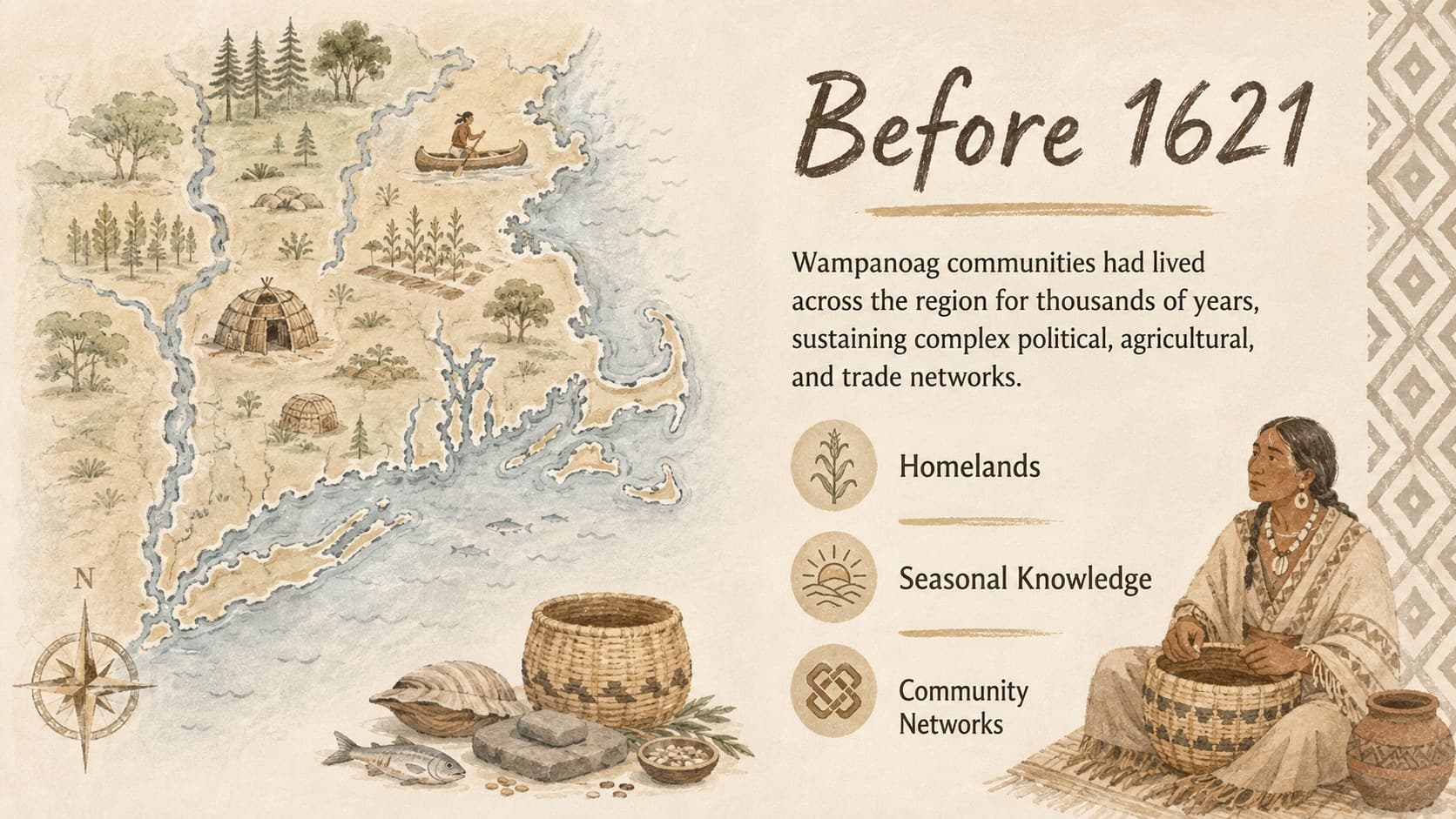 Historical context slide describing Wampanoag life before English colonial settlement.