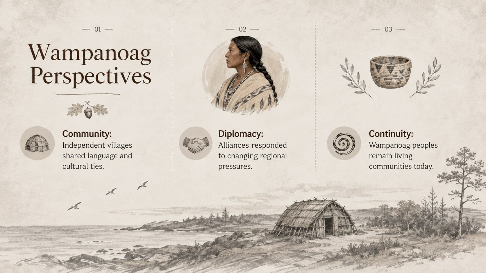 Wampanoag perspectives lesson slide with sections for community, diplomacy, and historical evidence.