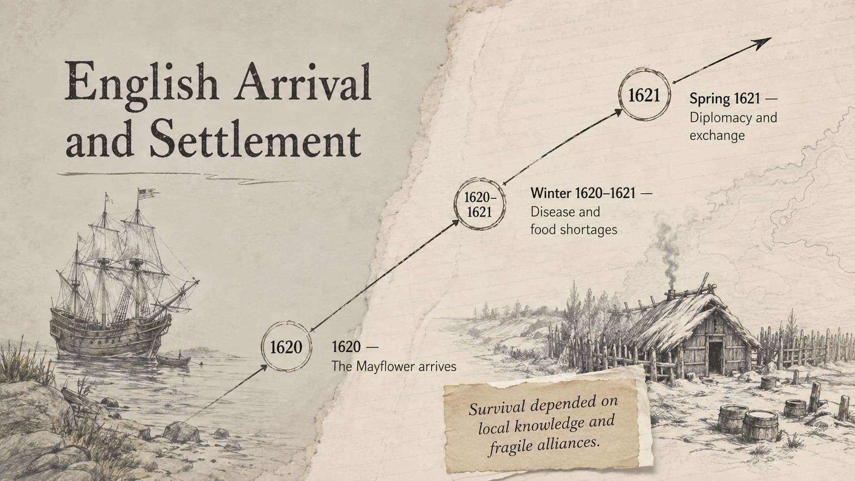Colonial America timeline slide explaining English arrival and early settlement before the 1621 gathering.