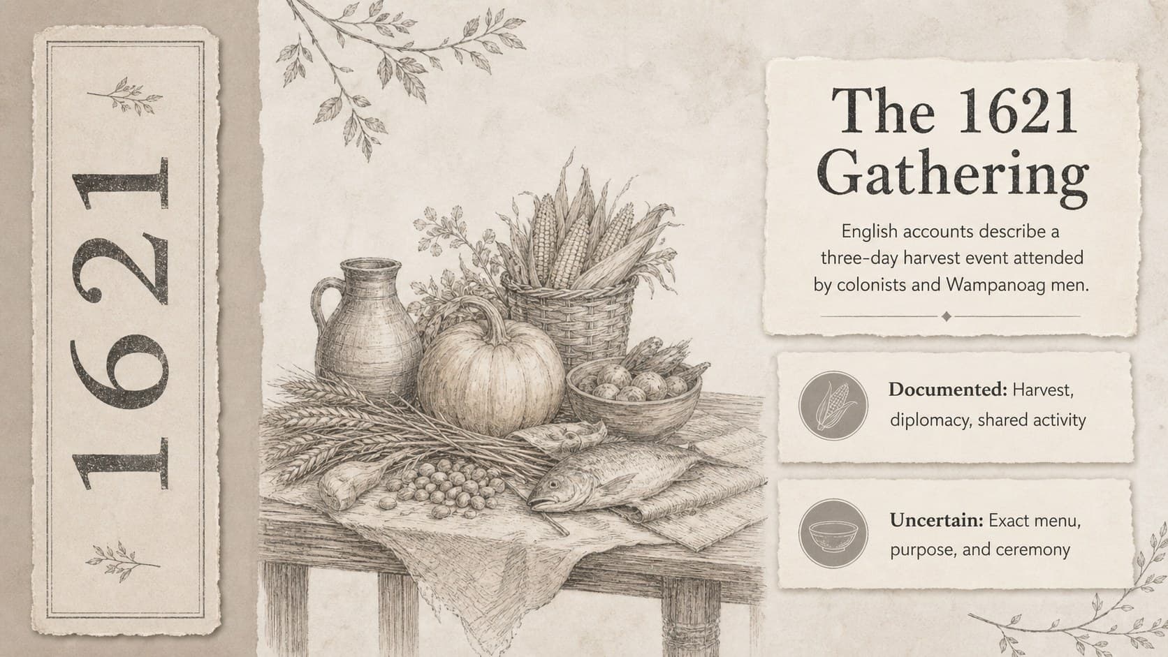 1621 harvest gathering presentation slide separating documented facts from later assumptions.