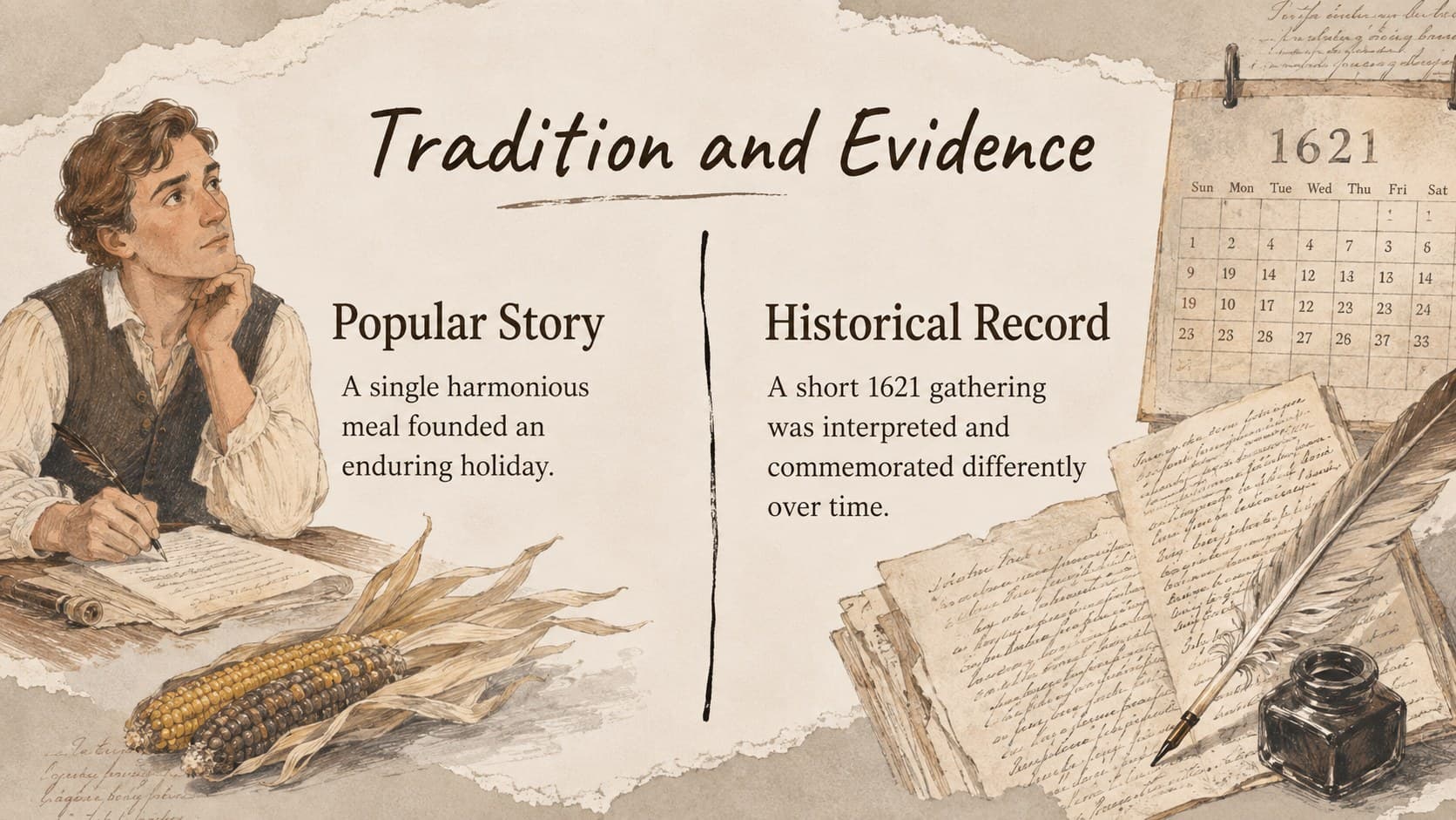 Thanksgiving myth versus history deck slide comparing popular traditions with surviving evidence.