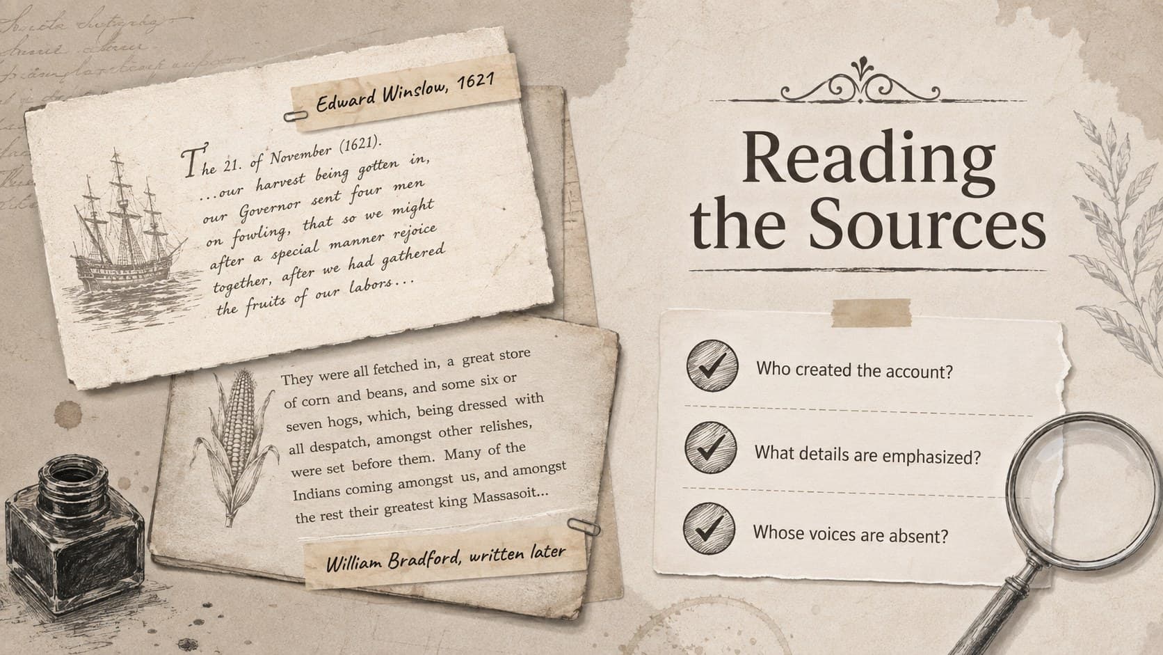 Thanksgiving primary source analysis slide comparing two colonial written accounts.