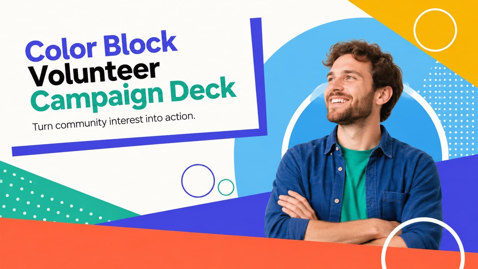 Color Block Volunteer Campaign Deck cover with bold geometric shapes in blue, orange, green, violet, and white.