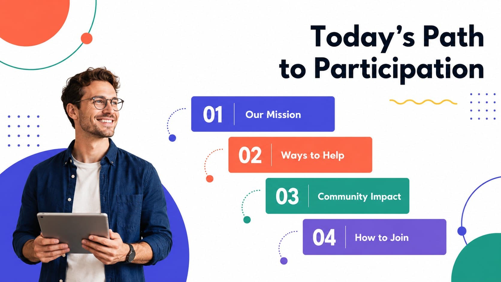 Nonprofit volunteer campaign agenda slide outlining the mission, opportunities, impact, and next steps.