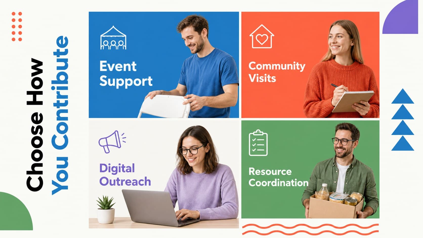 Colorful nonprofit recruitment deck slide displaying four volunteer roles and their responsibilities.
