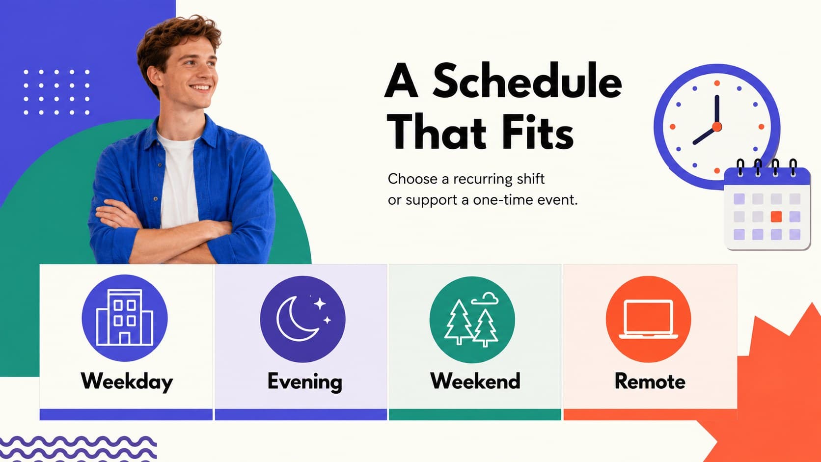 Volunteer campaign schedule slide comparing weekday, evening, weekend, and remote opportunities.