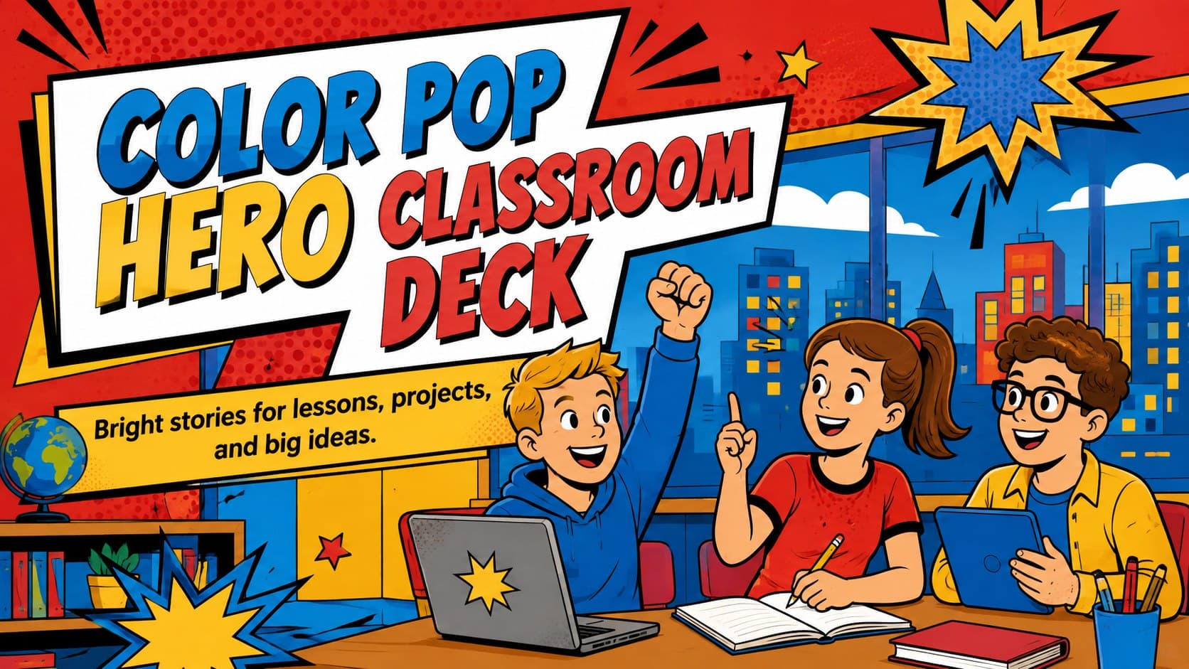 Colorful cover slide for a comic hero classroom deck with original illustrated characters and bold learning graphics.