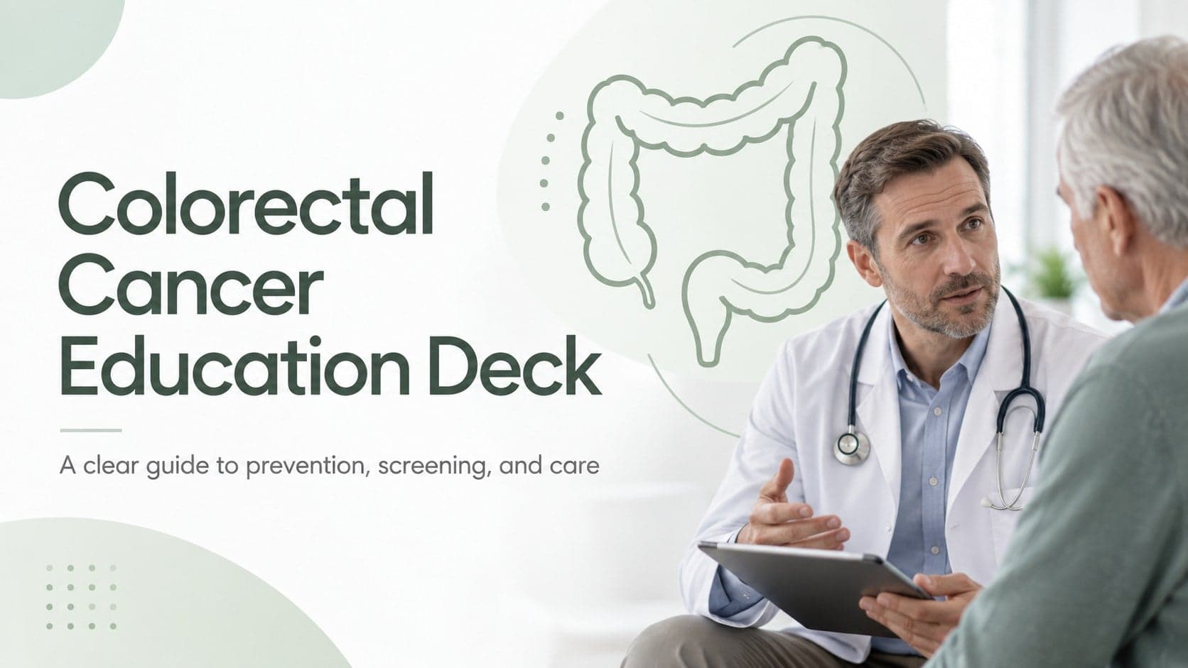 Cover of a colorectal cancer education deck in a clean green, white, and grey medical style.