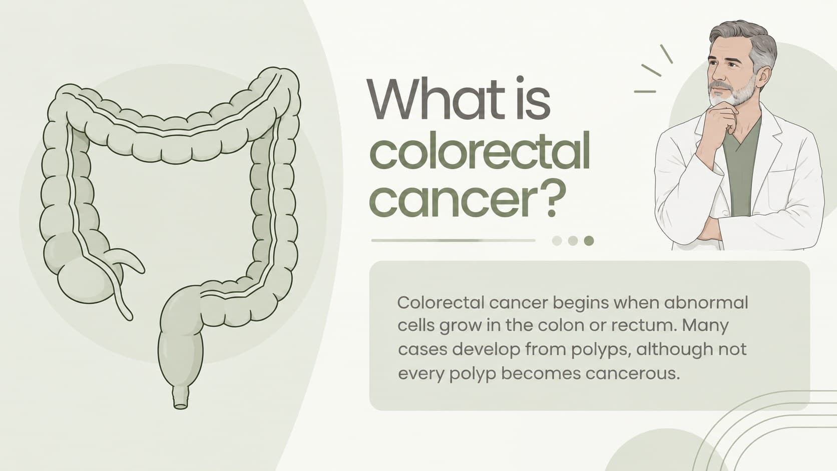 Medical education slide explaining where colorectal cancer begins using a simplified anatomy diagram.