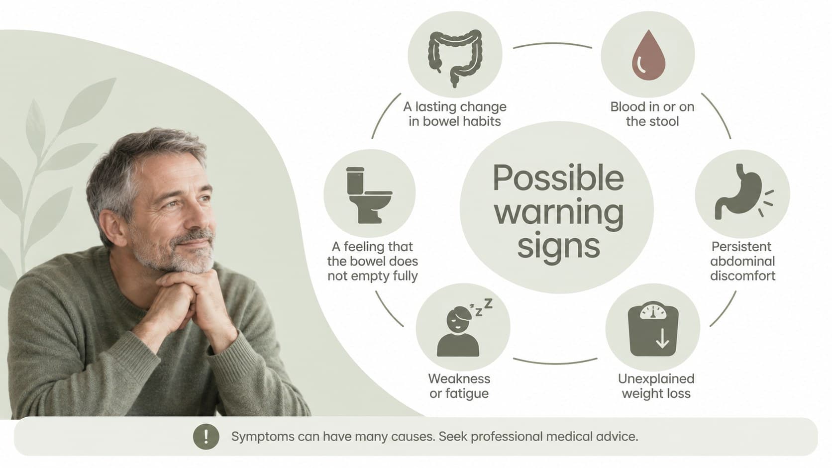 Colon cancer symptoms education slide presenting possible warning signs in a clear icon-based layout.