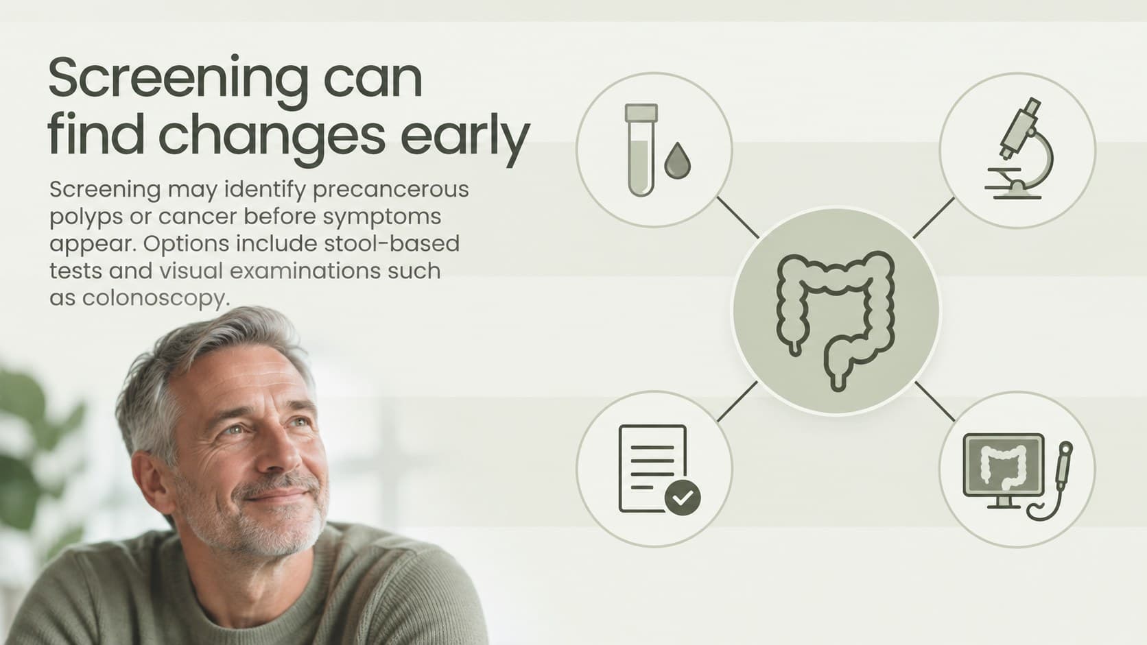 Colorectal cancer screening slides showing stool-based tests and visual examination options.