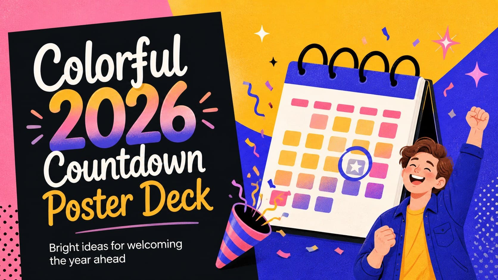 Colorful 2026 countdown poster cover with bold typography and festive illustrated accents.