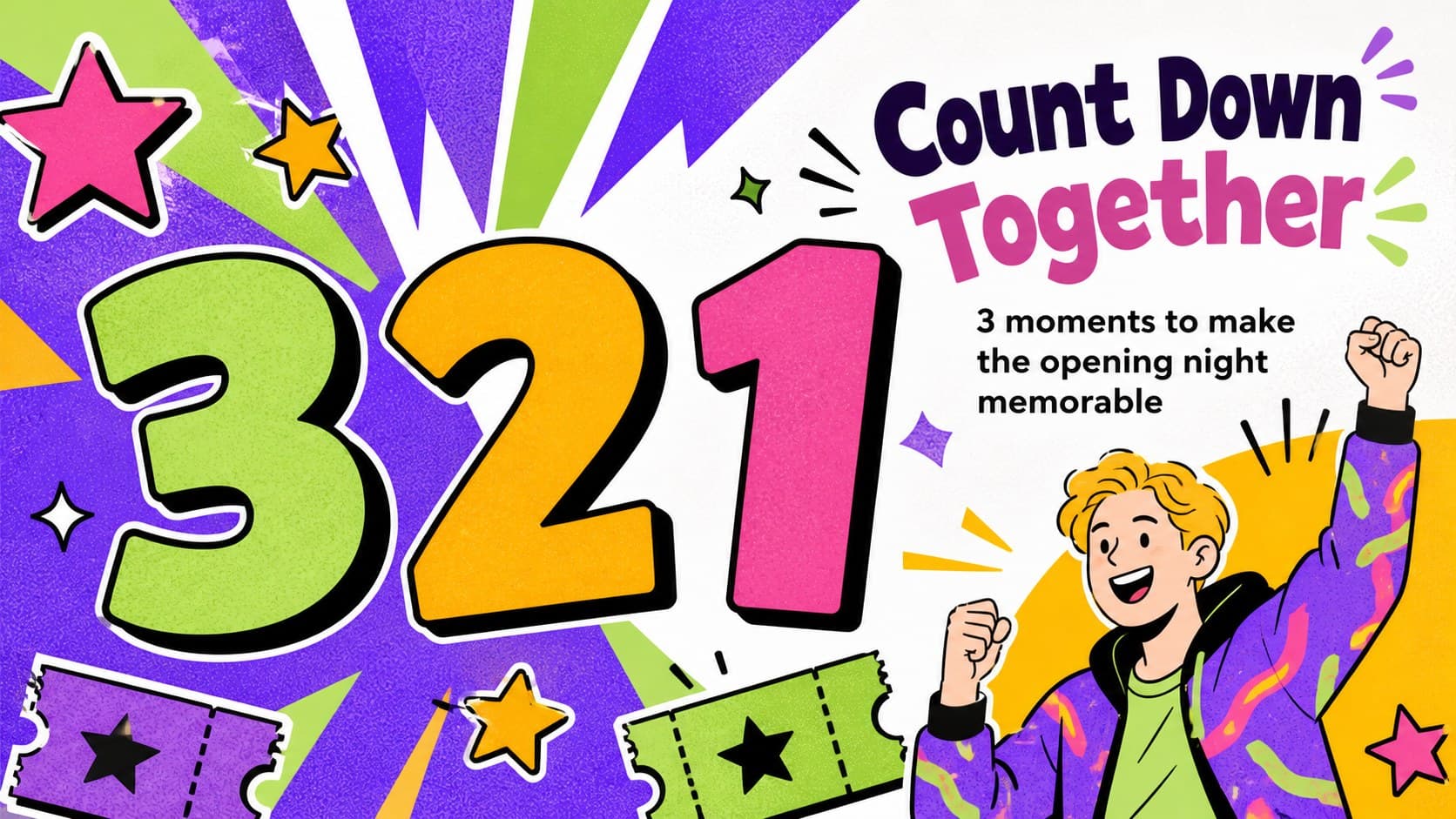 New year countdown presentation slide showing colorful numbered milestones and playful graphic shapes.
