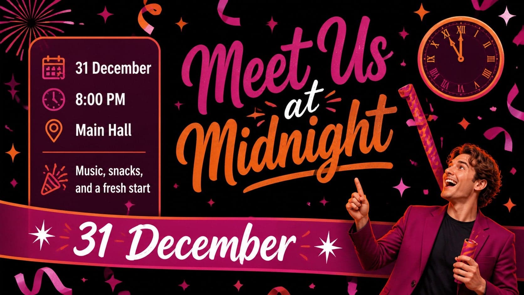 Bright event announcement slide with editable date, location, and schedule fields for a New Year gathering.