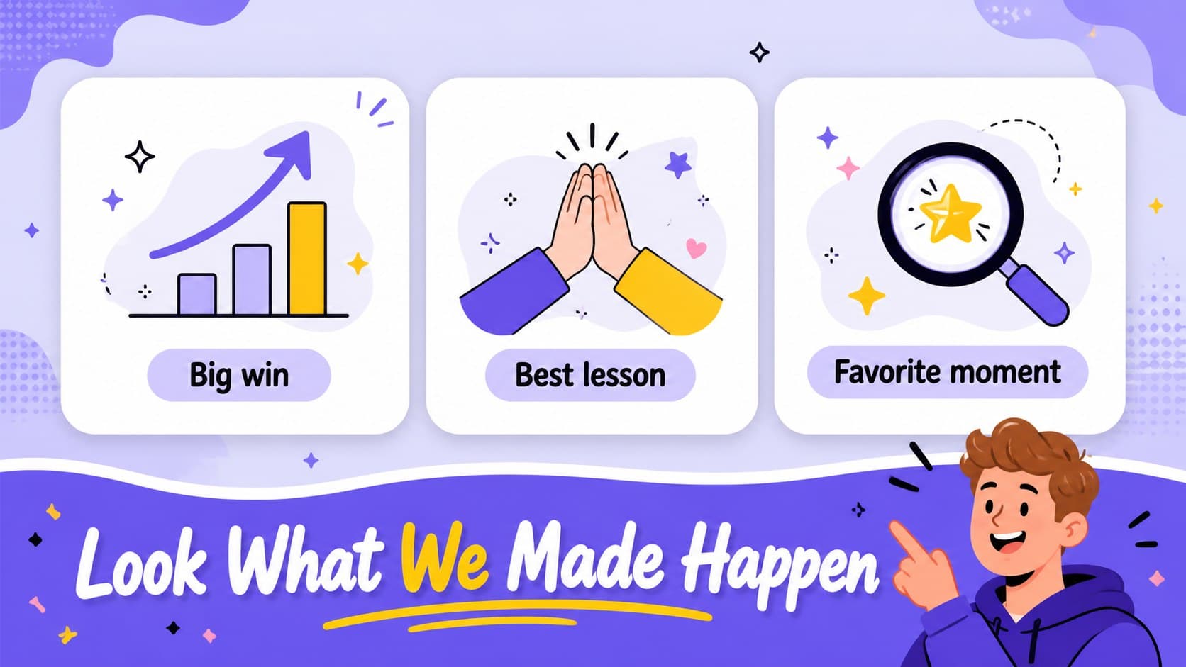 Colorful year-in-review slide with editable achievement highlights and celebratory illustrated details.