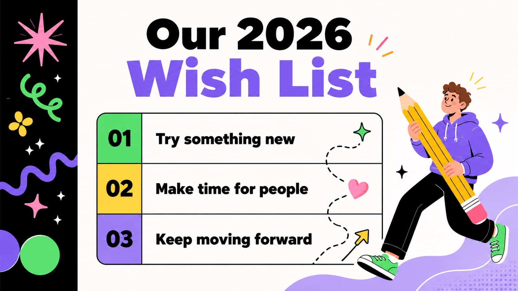 Playful goal-setting slide with colorful editable prompts for resolutions and plans in 2026.