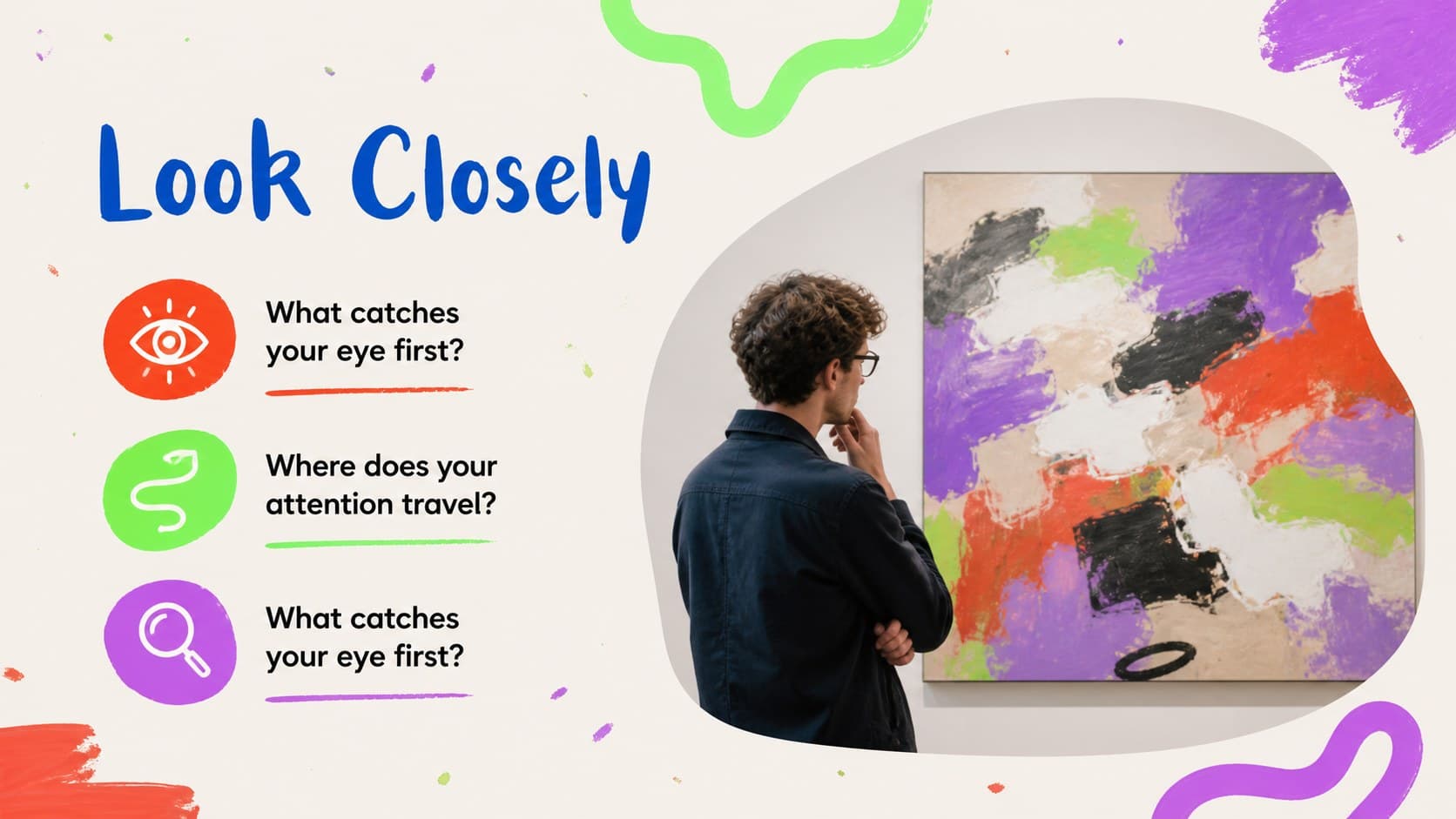 Artwork observation presentation slide with colorful prompts for examining an abstract painting.
