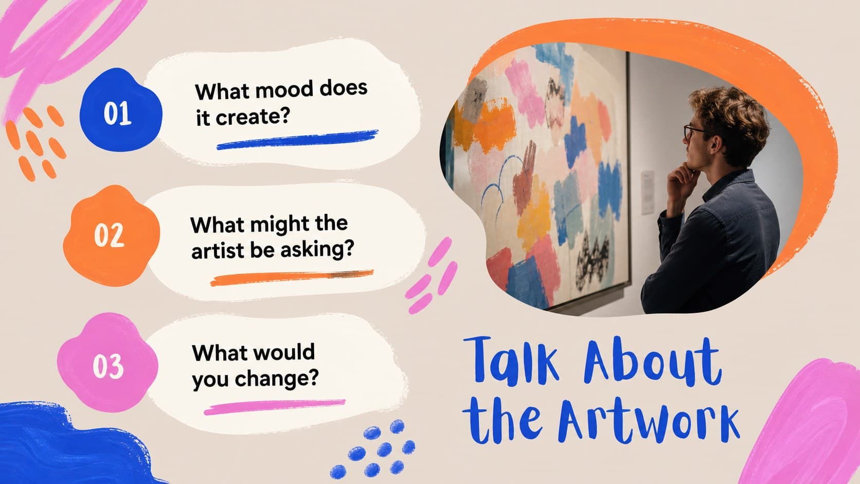 Art museum field trip activities slide showing discussion prompts in a colorful painterly grid.