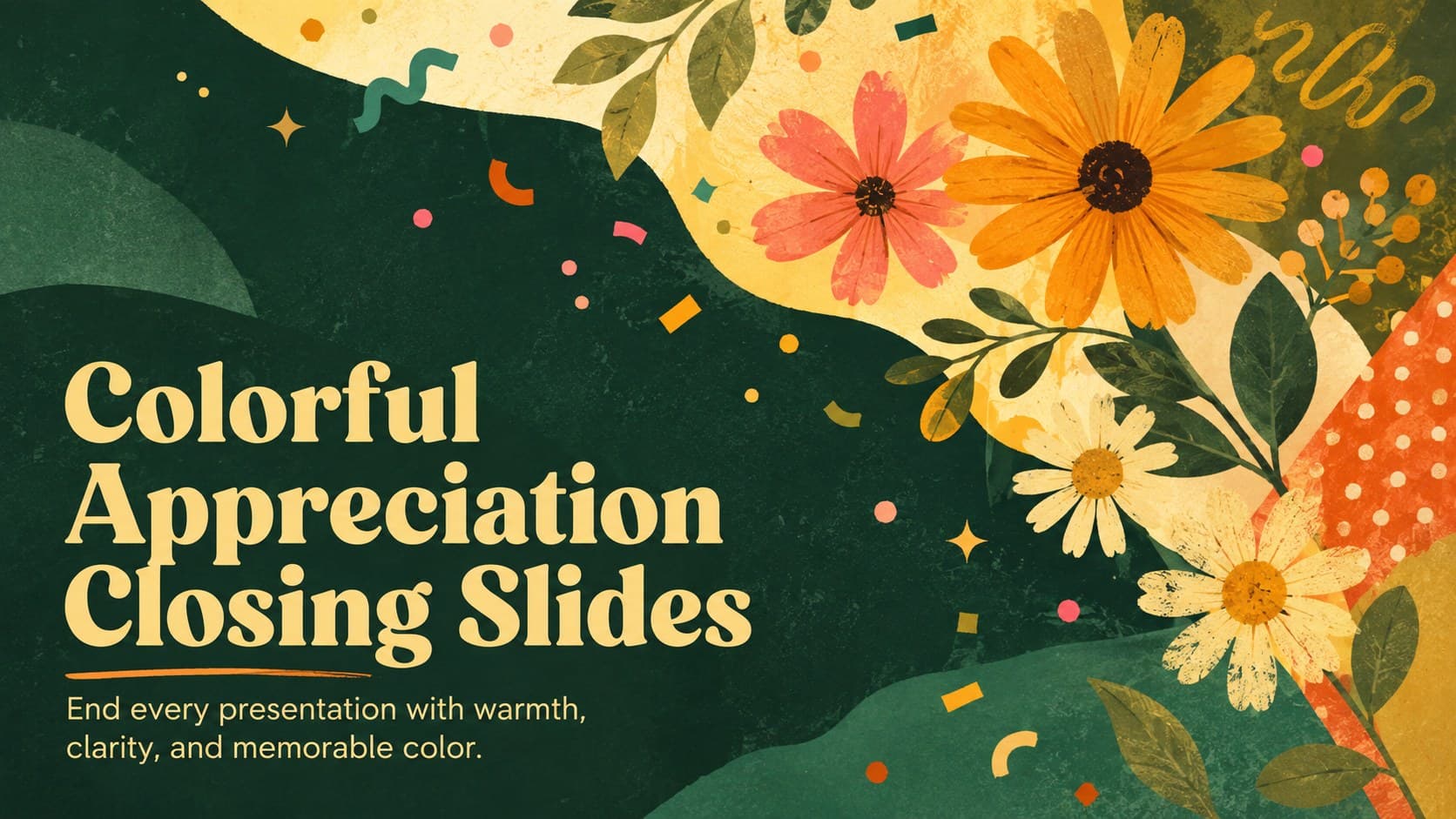 Cover of the Colorful Appreciation Closing Slides deck with expressive typography and bright illustrated accents.