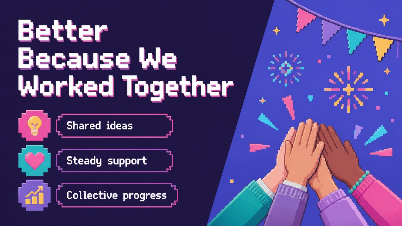 Vibrant end-of-presentation slide recognizing a project team with illustrated celebration details.