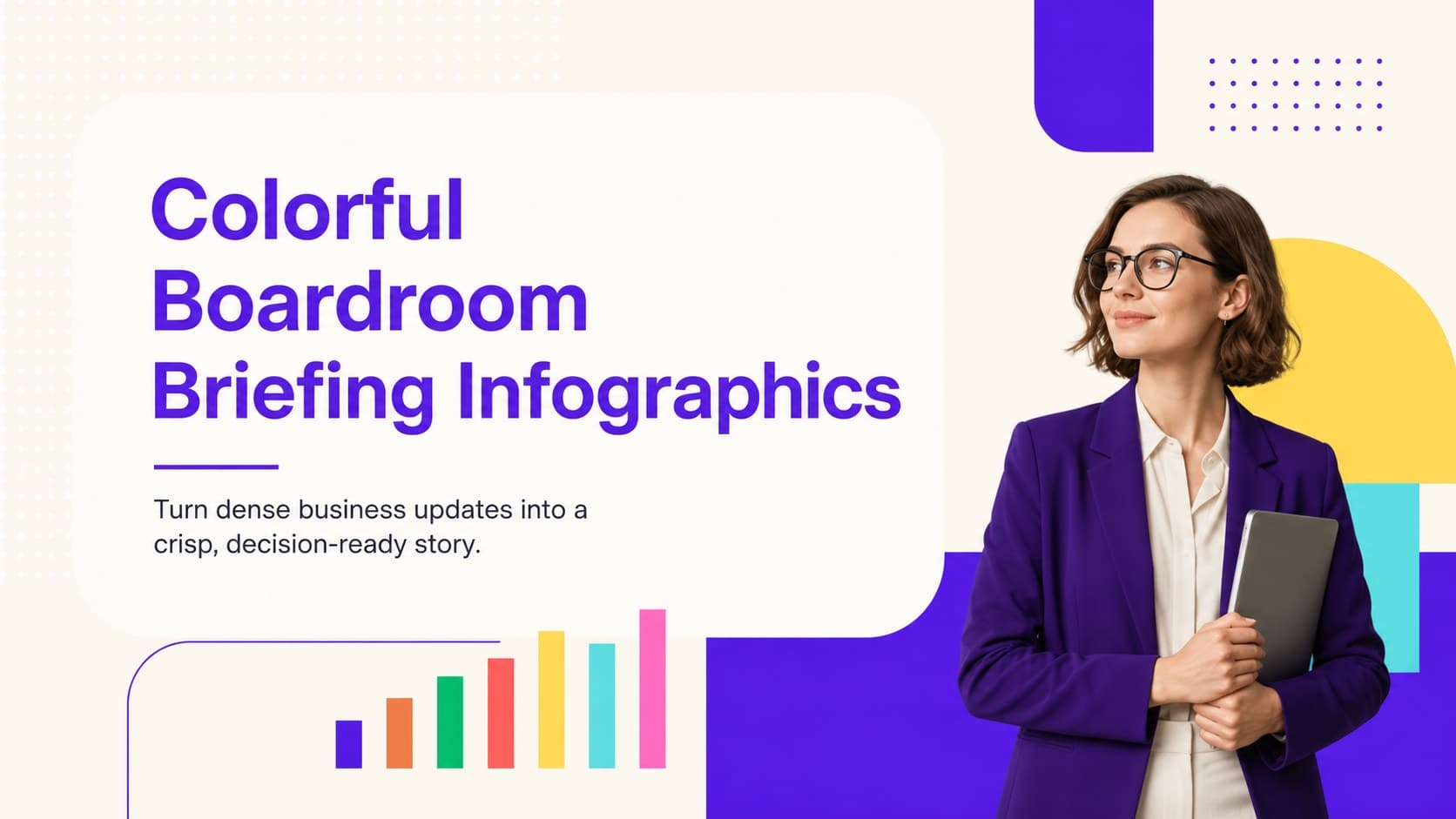 Cover for Colorful Boardroom Briefing Infographics with a minimal consulting-style layout and bright geometric accents.
