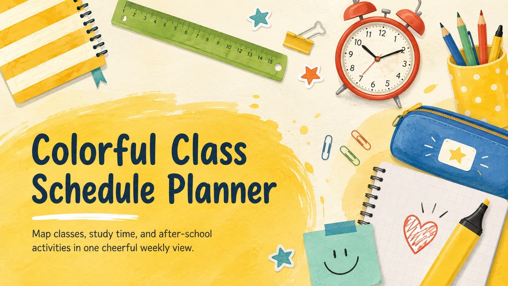 Cover of a Colorful Class Schedule Planner with yellow watercolor school illustrations and a weekly planning subtitle.