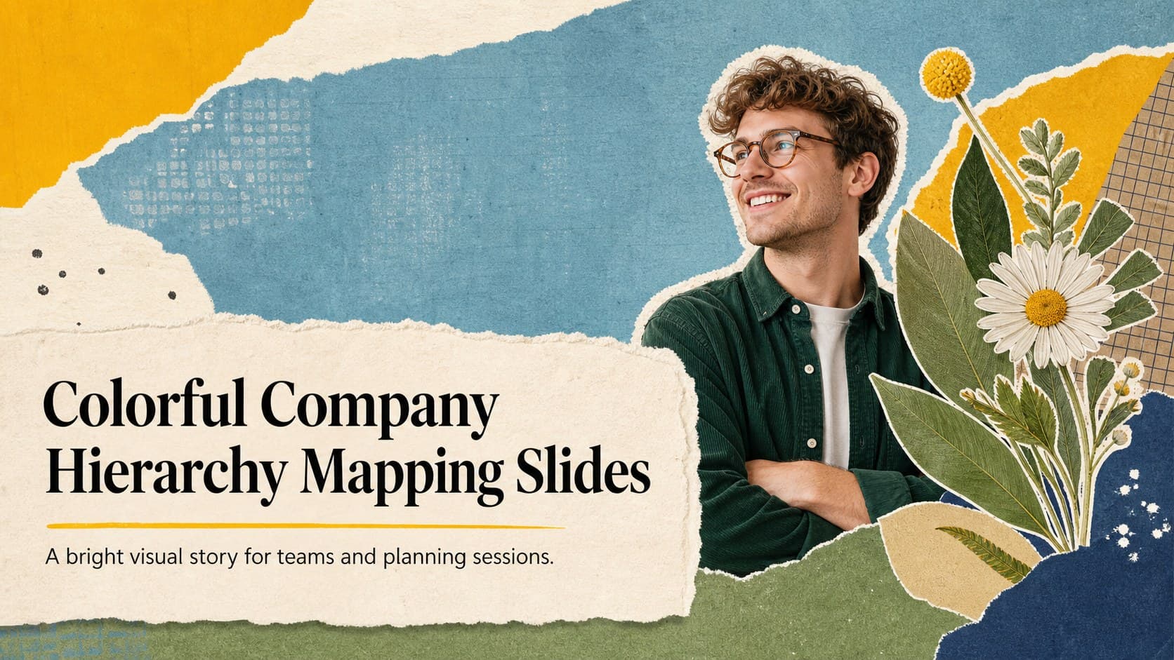 Colorful company hierarchy mapping slides cover with collage shapes, paper textures, and a bright team structure theme.