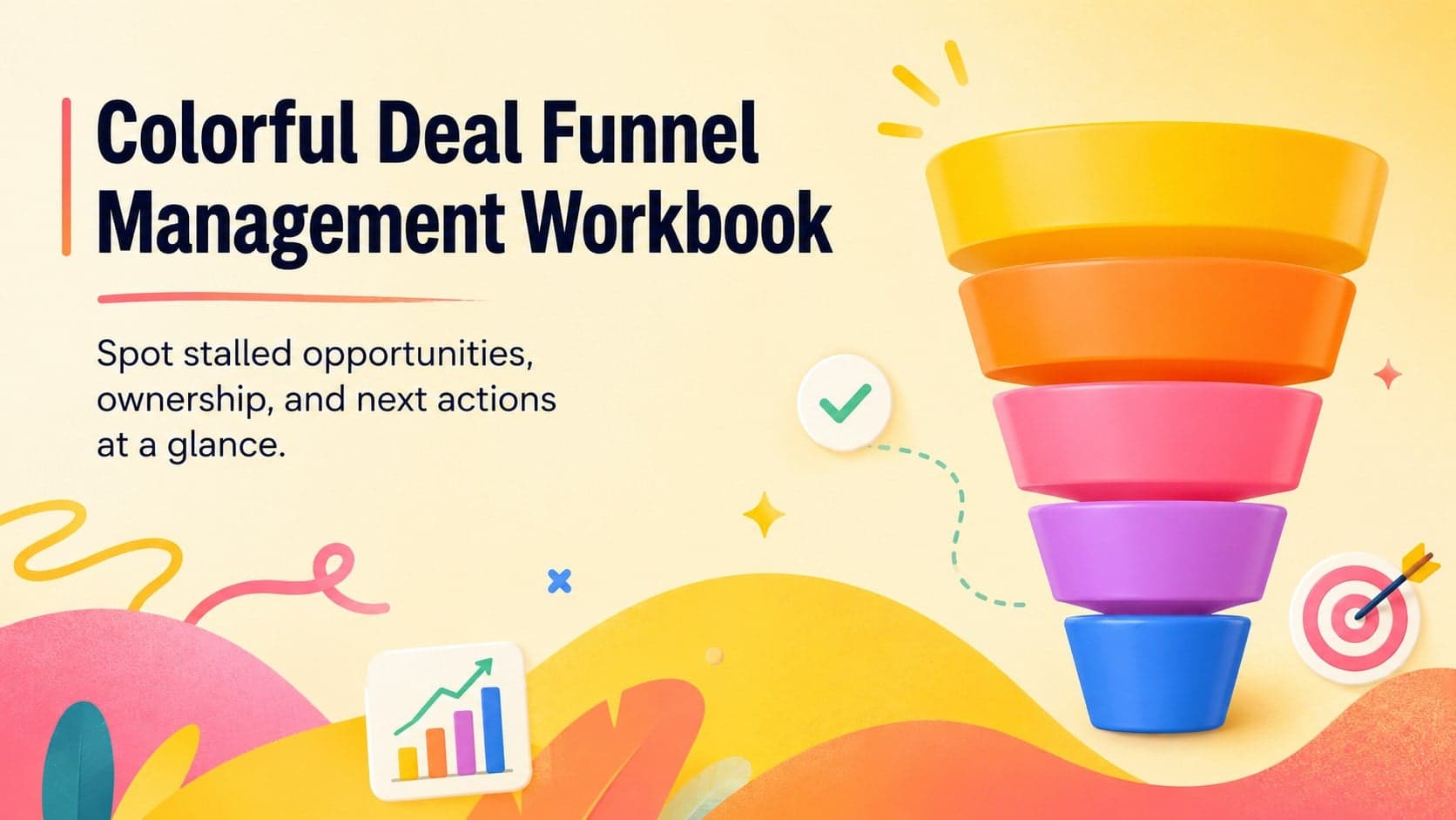 Colorful Deal Funnel Management Workbook cover with vibrant gradients, abstract doodles, and a sales funnel motif.