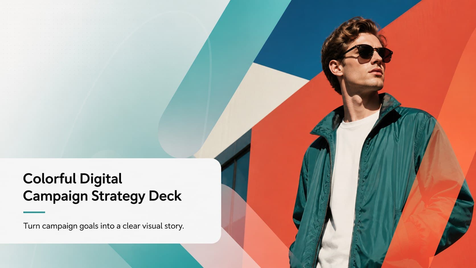 Cover of a colorful digital campaign strategy deck with editorial photography and energetic geometric accents.