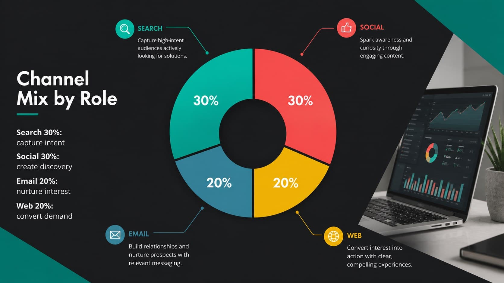Campaign channel planning presentation with a colorful mix of search, social, email, and web channels.