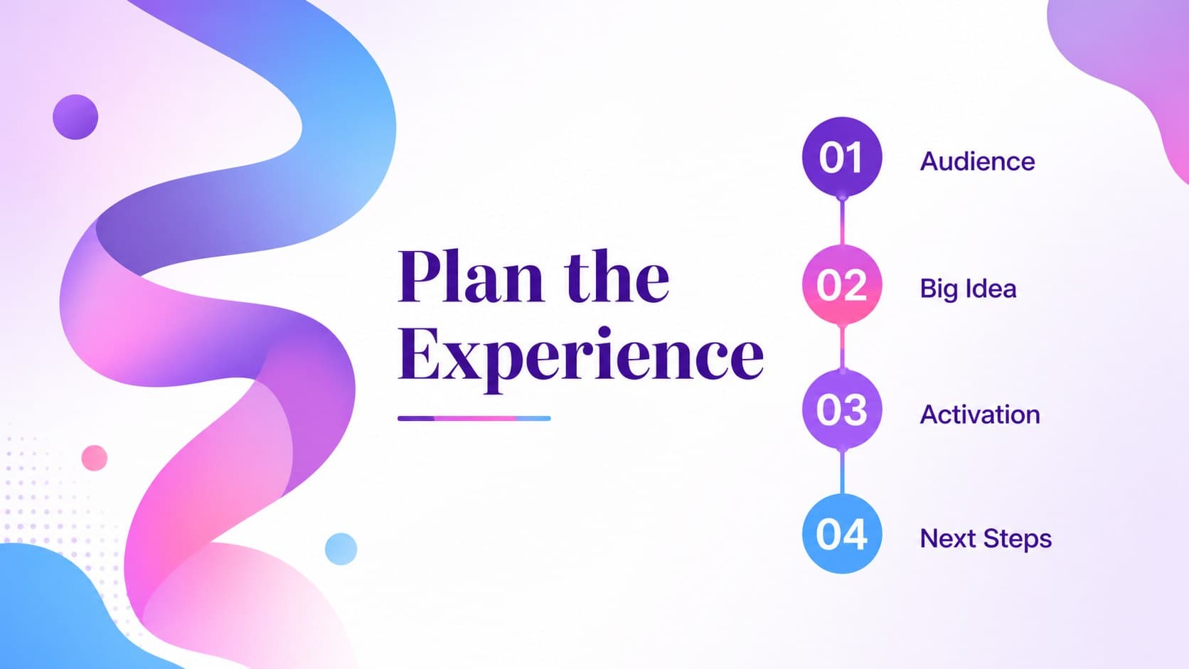 Agenda slide outlining the sections of a vibrant event planning presentation.