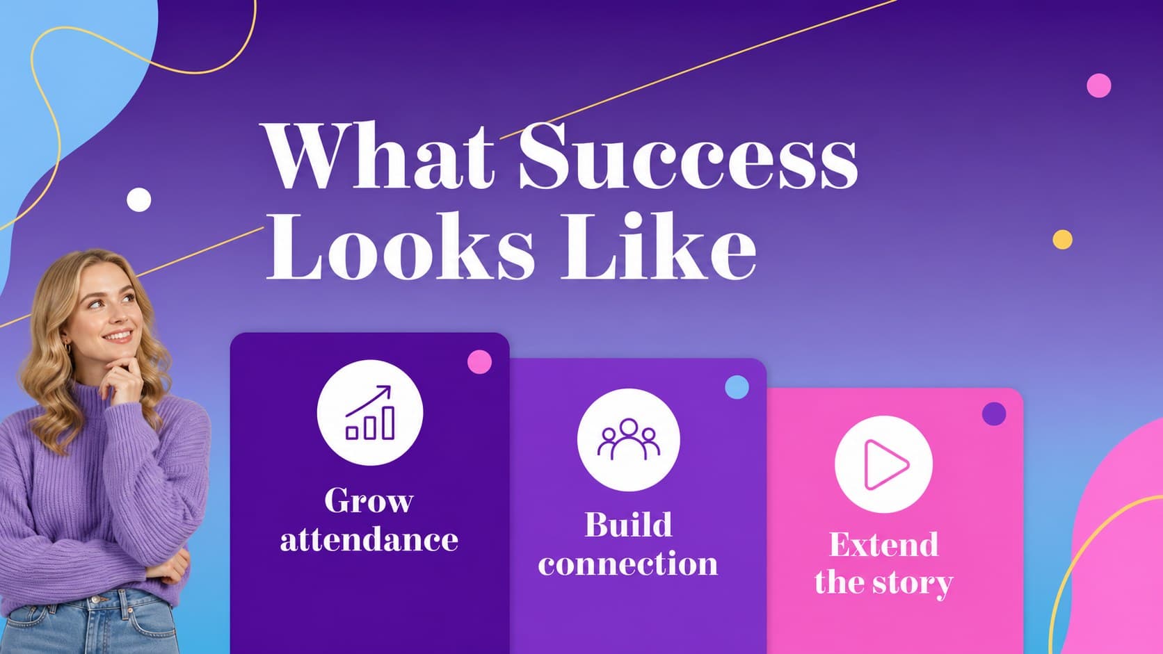 Event goals slide showing three colorful objectives for an editable celebration presentation.