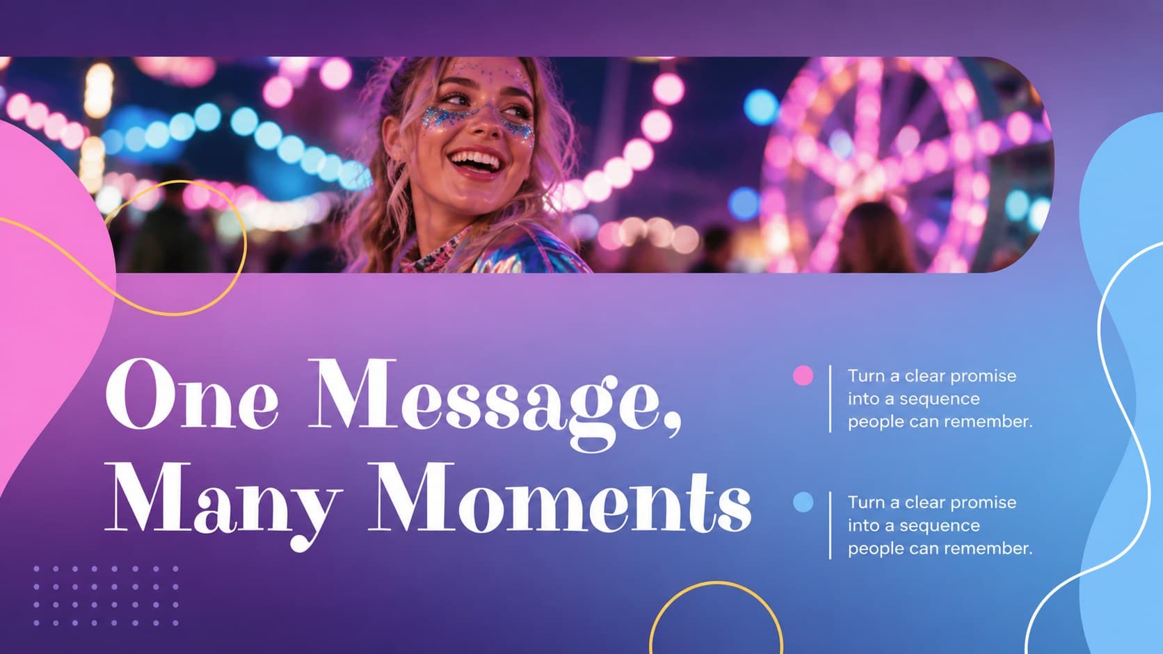 Campaign message slide combining bold typography with colorful imagery and supporting copy.
